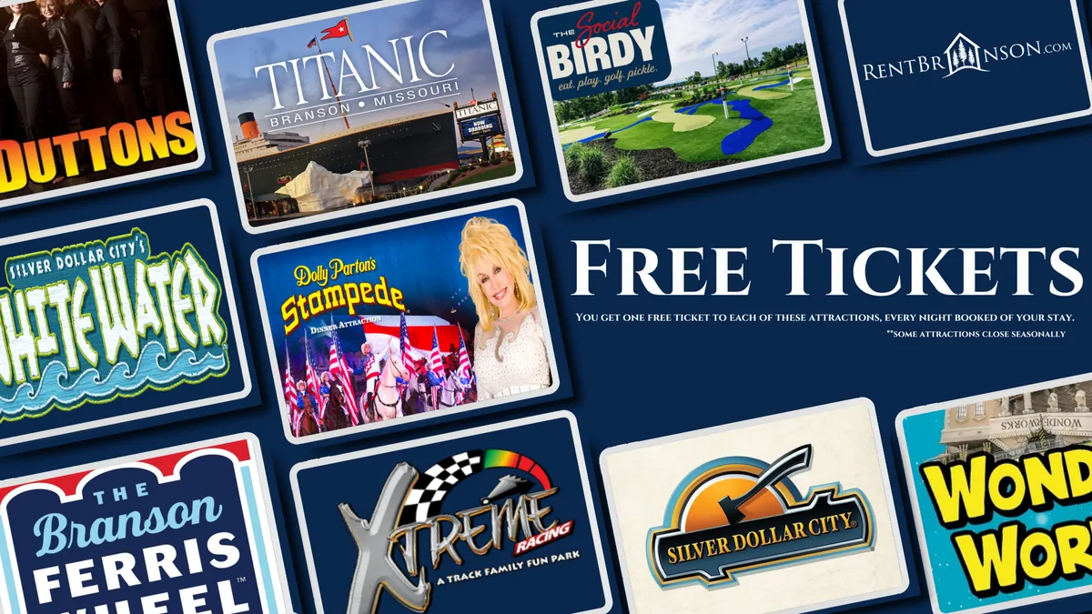 A bright, interior image featuring colorful graphics and bold text promoting free attraction tickets to popular Branson destinations. The scene is lively and exciting, highlighting the opportunity for memorable family outings and local experiences.